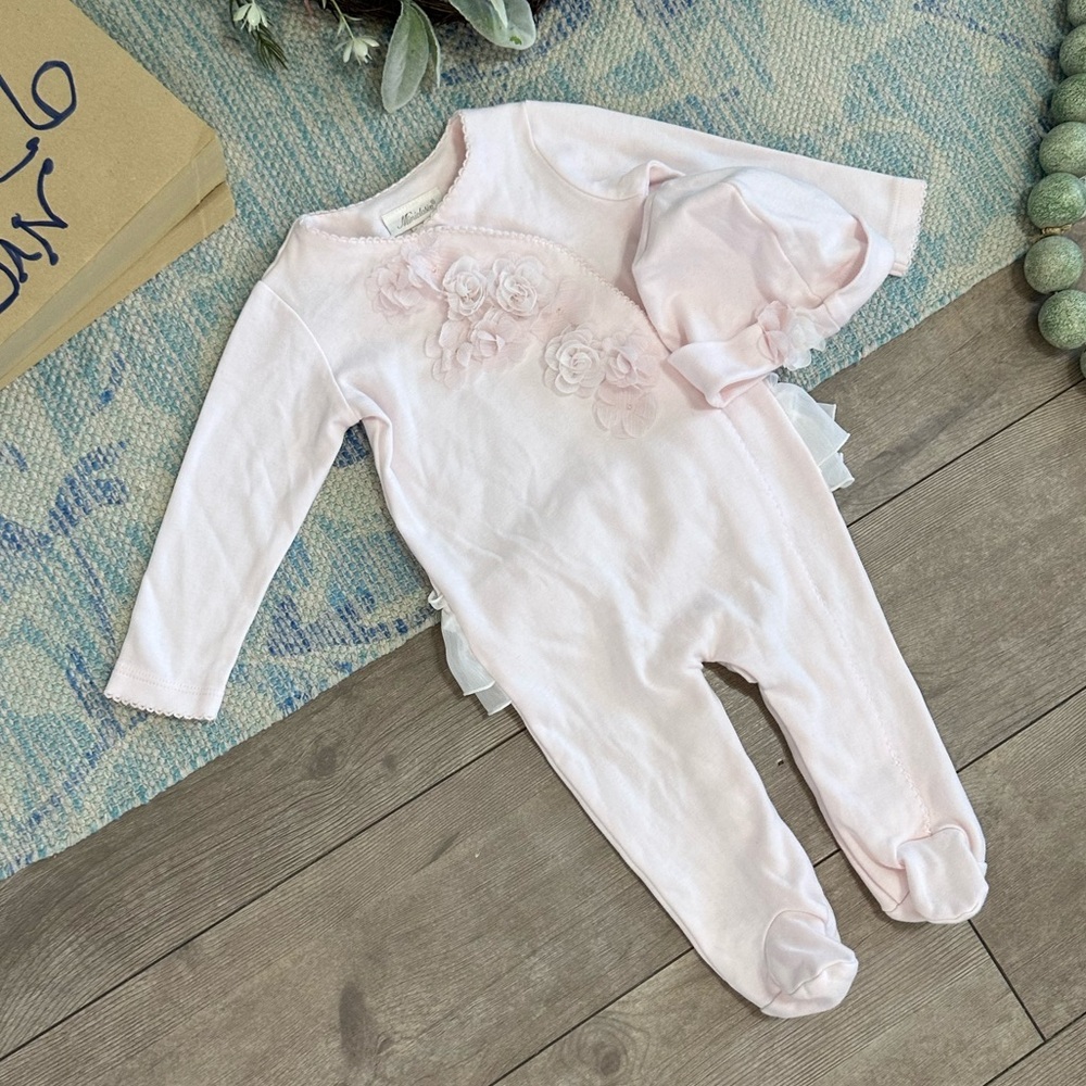 New Miniclasix Baby Girl Elegant Footed Coverall & Hat Set Tulle Floral Ruffles
